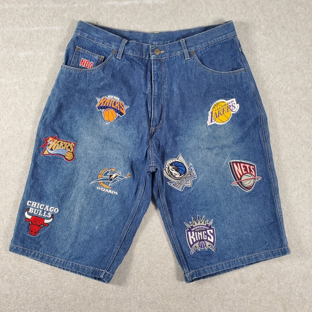 UNK NBA Jorts Denim Shorts Mens 36 Blue Baggy Patches Embroidered Jeans Vintage